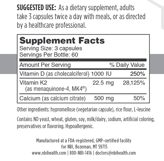 Osteo-K contains a 45 mg of MK4®, also called menaquinone-4 and menatetrenone, calcium and vitamin D. MK4 is a form of natural Vitamin K2. 